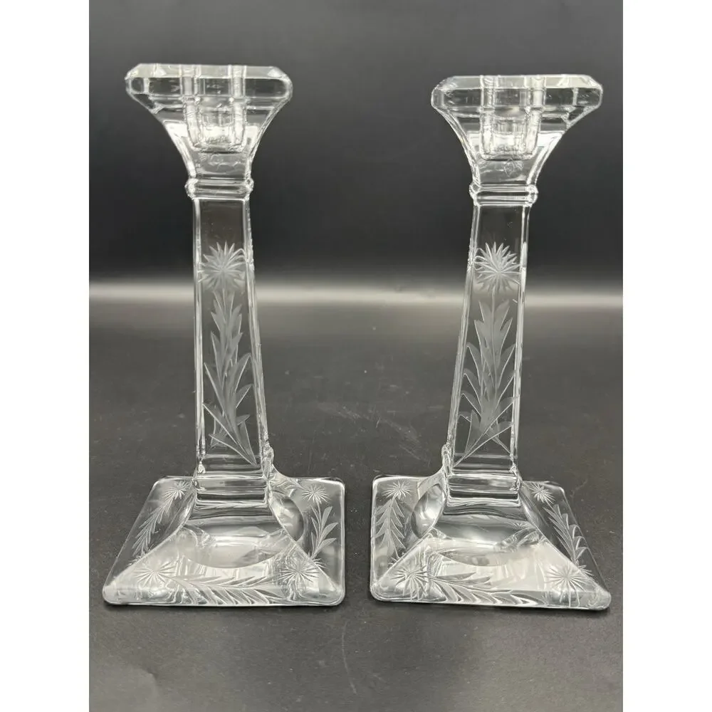 Heisey Aristocrat Hughes Cornflower Cut Glass Candlesticks Set of 2 Marked